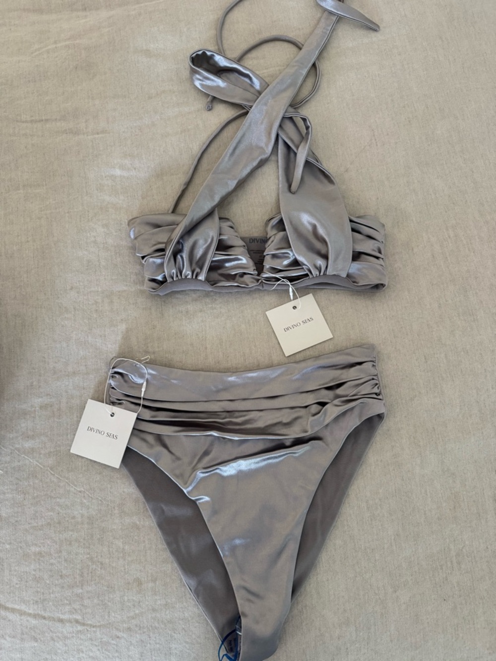 Divino Seas Metallic Silver Ruched Bikini Set